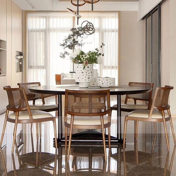 Traditional Vintage Microfiber Leather, Wood & Rattan Curved Dining Chair For Dining Room, Living Room And Bedroom - Image 10