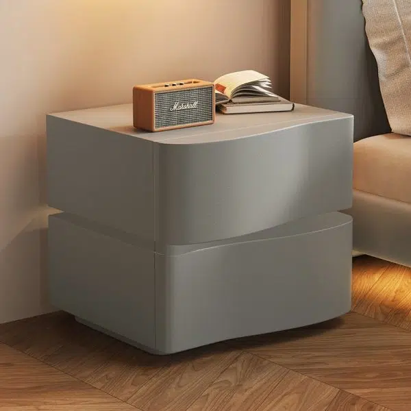 Contemporary Creative Solid Wood Leather Rounded Square Nightstand 2-Drawer For Bedroom - Image 2