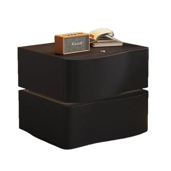 Contemporary Creative Solid Wood Leather Rounded Square Nightstand 2-Drawer For Bedroom - Image 15