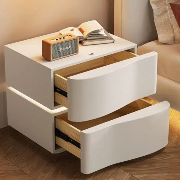 Contemporary Creative Solid Wood Leather Rounded Square Nightstand 2-Drawer For Bedroom - Image 11