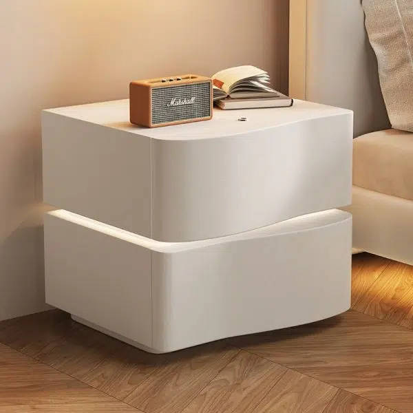Contemporary Creative Solid Wood Leather Rounded Square Nightstand 2-Drawer For Bedroom - Image 12