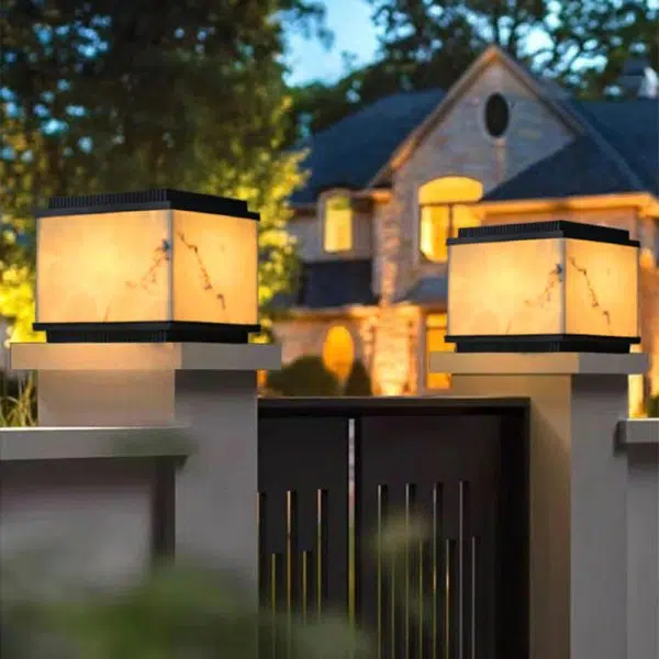 Traditional Chinese Solar Waterproof Rectangular Marble Textured Aluminum Resin LED Post Head Light For Garden - Image 16