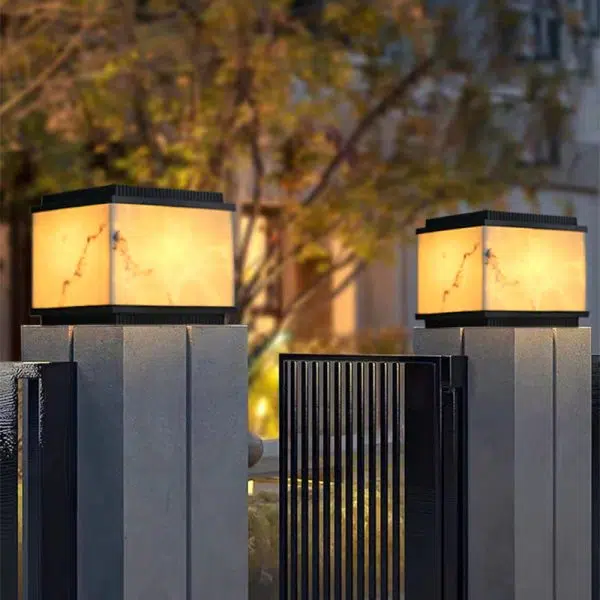 Traditional Chinese Solar Waterproof Rectangular Marble Textured Aluminum Resin LED Post Head Light For Garden - Image 17