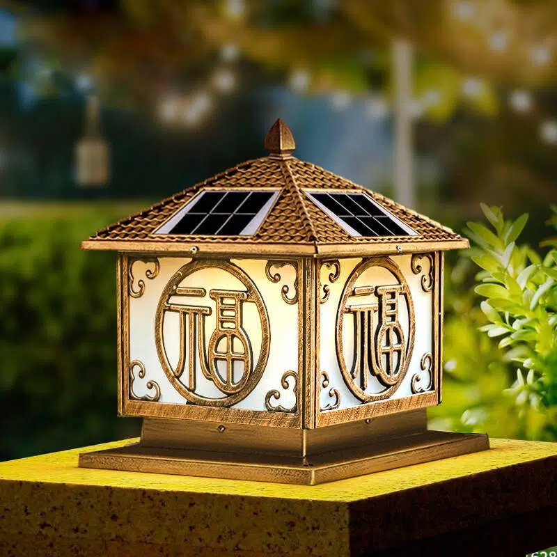 BS-Lighting-LC02957-1-9b4542a2-e038-4977-9b8f-f23055c45af3.jpg Traditional Chinese Solar Waterproof Quadrangle House Shape Aluminum LED Post Head Light Outdoor Light For Garden - Image 1