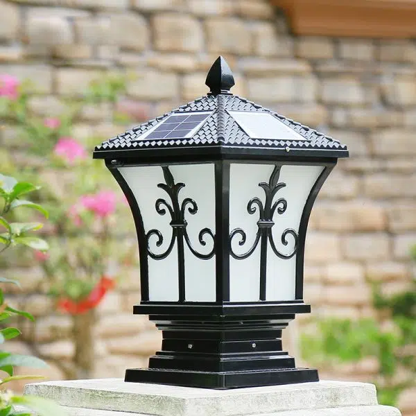 Traditional Chinese Solar Waterproof Quadrangle Carved Aluminum Glass LED Post Head Light Outdoor Light For Garden - Image 3
