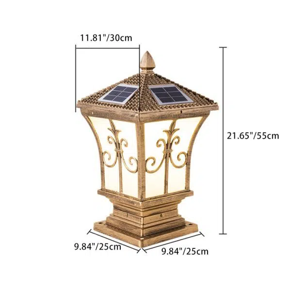 Traditional Chinese Solar Waterproof Quadrangle Carved Aluminum Glass LED Post Head Light Outdoor Light For Garden - Image 4