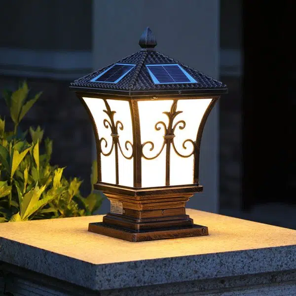 Traditional Chinese Solar Waterproof Quadrangle Carved Aluminum Glass LED Post Head Light Outdoor Light For Garden - Image 15