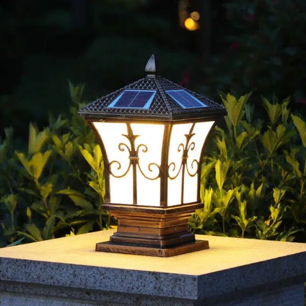 Traditional Chinese Solar Waterproof Quadrangle Carved Aluminum Glass LED Post Head Light Outdoor Light For Garden - Image 9