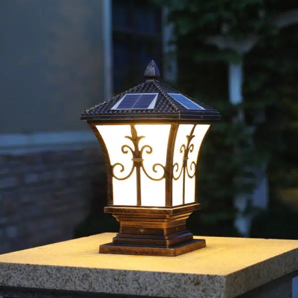 Traditional Chinese Solar Waterproof Quadrangle Carved Aluminum Glass LED Post Head Light Outdoor Light For Garden - Image 12