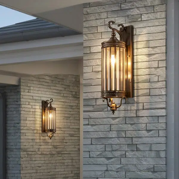 Modern Luxury Waterproof Line Cylinder Copper Frame Glass Shade 1/3/6 Light Wall Sconce Lamp For Garden - Image 9