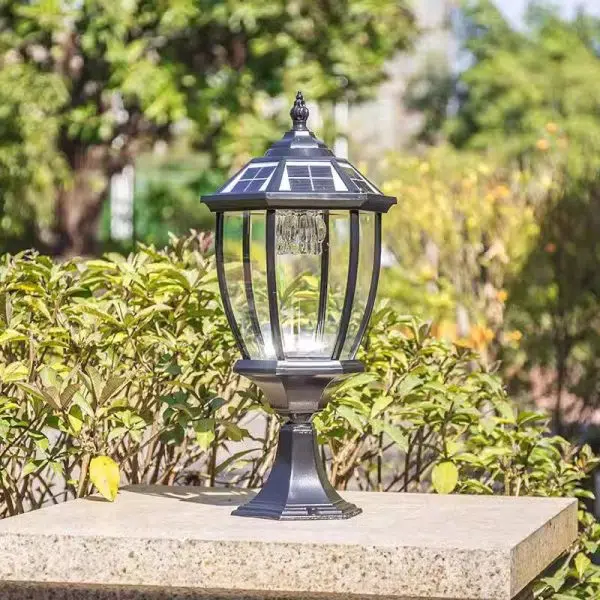 Contemporary Retro Hexagon Aluminum Glass LED Solar Post Head Landscape Light For Garden - Image 3