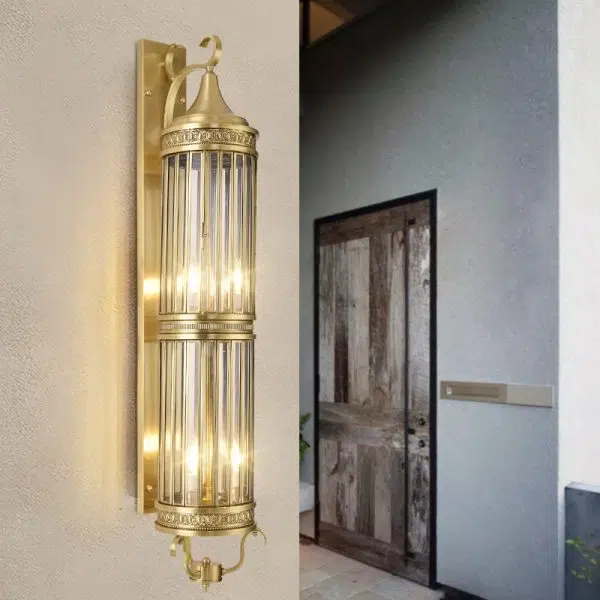 Contemporary Scandinavian Waterproof Cylinder Flare Stripe Copper Glass 1/3/6 Light Outdoor Wall Sconce Lamp For Garden - Image 10