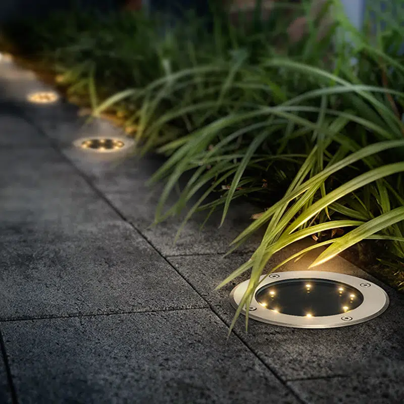 BS-Lighting-LJ00445-4.jpg Modern Minimalist Solar Waterproof Cylinder Disc Aluminum Glass Stainless Steel LED Outdoor Ground Plug Landscape Light For Garden - Image 1