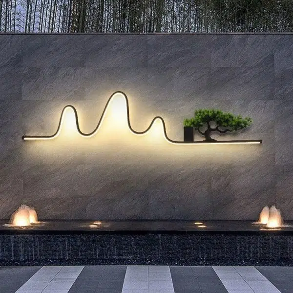 Contemporary Creative Aluminum Arc Linear PVC Simulated Pine Wood LED Waterproof Outdoor Wall Sconce Lamp For Garden - Image 6