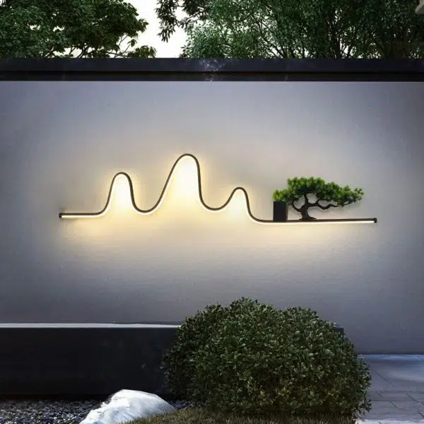 Contemporary Creative Aluminum Arc Linear PVC Simulated Pine Wood LED Waterproof Outdoor Wall Sconce Lamp For Garden - Image 2