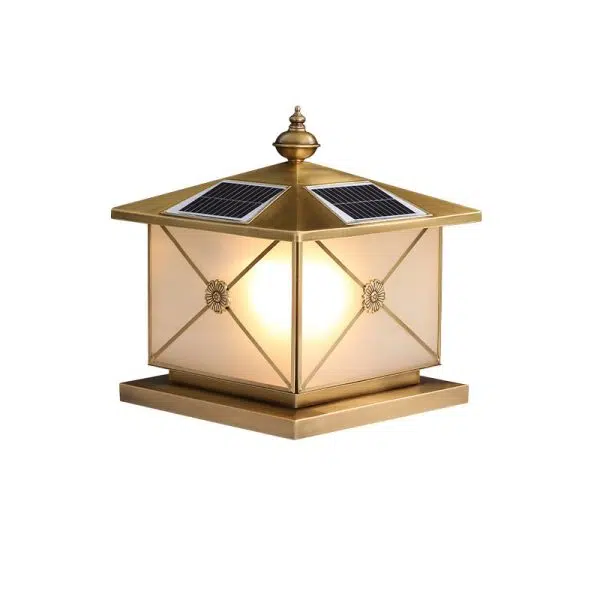 Traditional Chinese Square Full Copper Glass 1-Light Solar Outdoor Post Head Light For Garden - Image 14