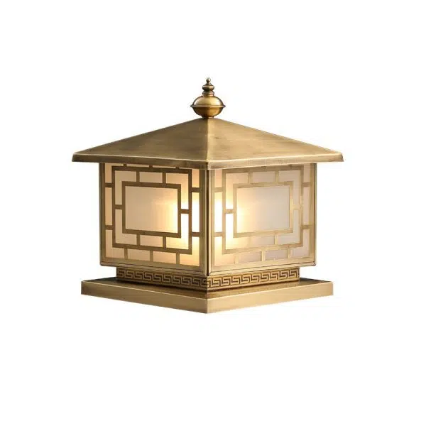 Traditional Chinese Square Full Copper Glass 1-Light Solar Outdoor Post Head Light For Garden - Image 15