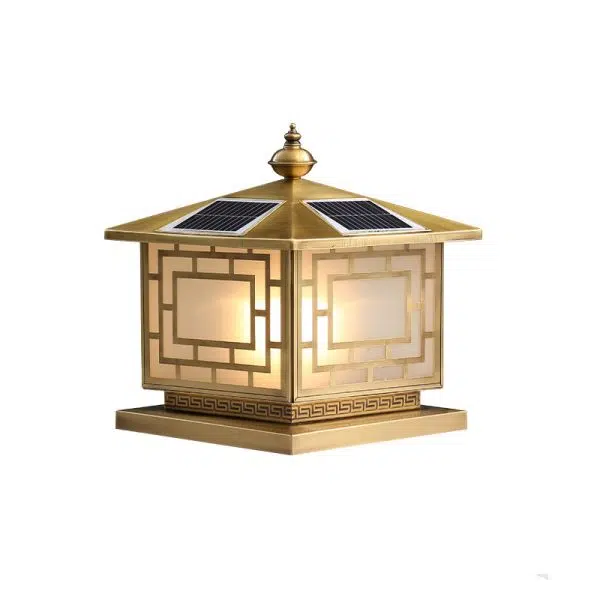 Traditional Chinese Square Full Copper Glass 1-Light Solar Outdoor Post Head Light For Garden - Image 16