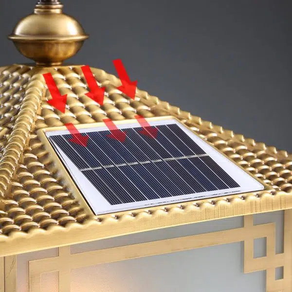 Traditional Chinese Square Full Copper Glass 1-Light Solar Outdoor Post Head Light For Garden - Image 5