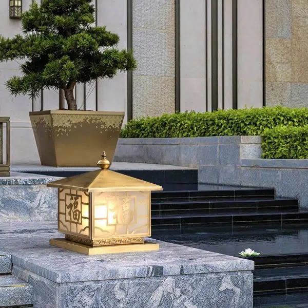 Traditional Chinese Square Full Copper Glass 1-Light Solar Outdoor Post Head Light For Garden - Image 3