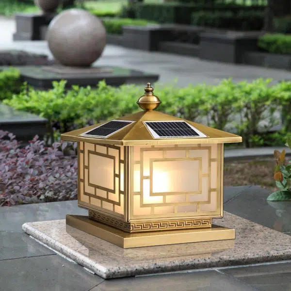 Traditional Chinese Square Full Copper Glass 1-Light Solar Outdoor Post Head Light For Garden - Image 2
