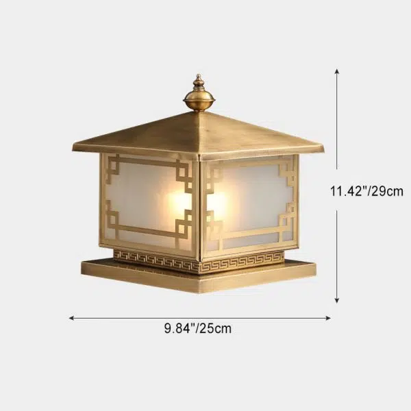 Traditional Chinese Square Full Copper Glass 1-Light Solar Outdoor Post Head Light For Garden - Image 4