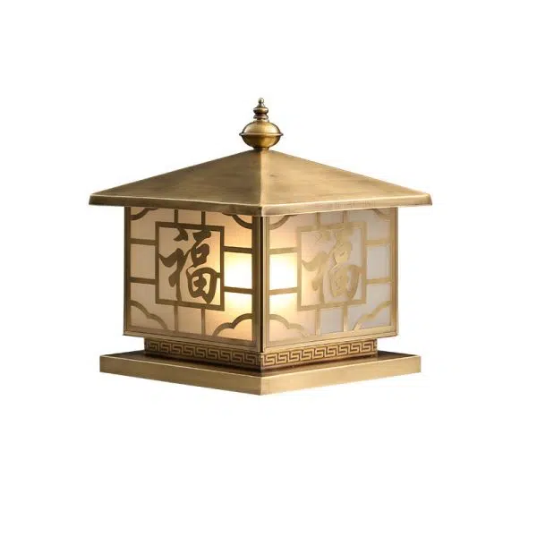 Traditional Chinese Square Full Copper Glass 1-Light Solar Outdoor Post Head Light For Garden - Image 9