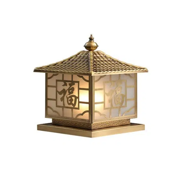 Traditional Chinese Square Full Copper Glass 1-Light Solar Outdoor Post Head Light For Garden - Image 10