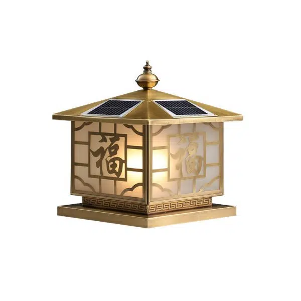 Traditional Chinese Square Full Copper Glass 1-Light Solar Outdoor Post Head Light For Garden - Image 11