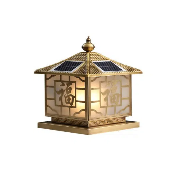 Traditional Chinese Square Full Copper Glass 1-Light Solar Outdoor Post Head Light For Garden - Image 12