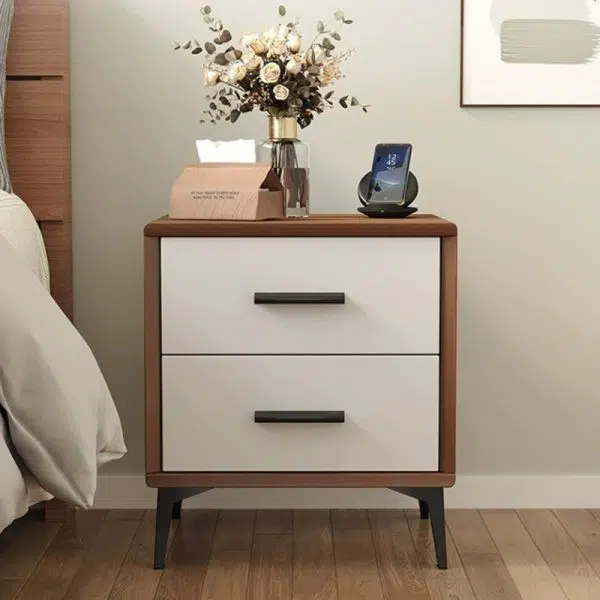 Contemporary Nordic Rectangular Tabletop Solid Wood Nightstand 2-Drawer For Bedroom - Image 11