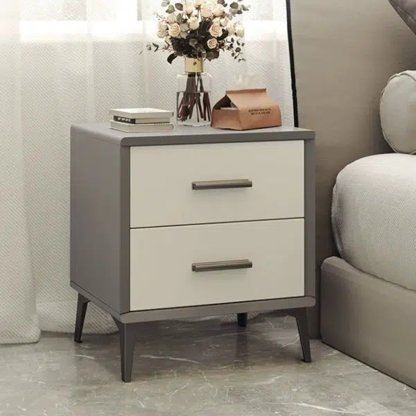 Contemporary Nordic Rectangular Tabletop Solid Wood Nightstand 2-Drawer For Bedroom - Image 12