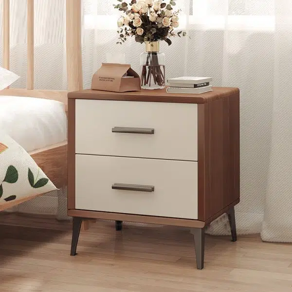 Contemporary Nordic Rectangular Tabletop Solid Wood Nightstand 2-Drawer For Bedroom - Image 2