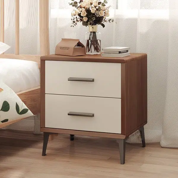 Contemporary Nordic Rectangular Tabletop Solid Wood Nightstand 2-Drawer For Bedroom - Image 8