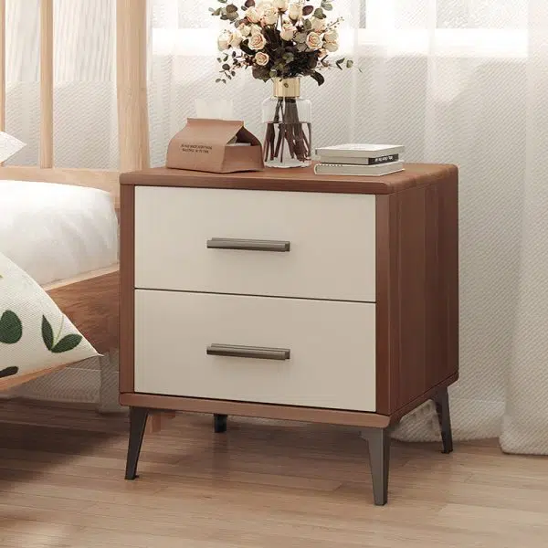 Contemporary Nordic Rectangular Tabletop Solid Wood Nightstand 2-Drawer For Bedroom - Image 9