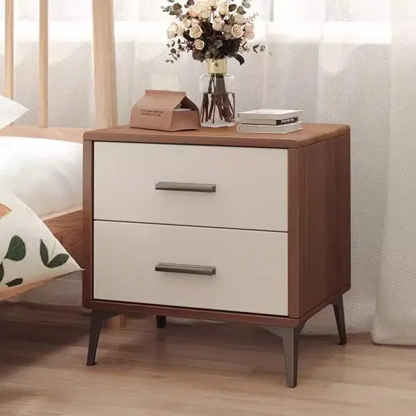 Contemporary Nordic Rectangular Tabletop Solid Wood Nightstand 2-Drawer For Bedroom - Image 10