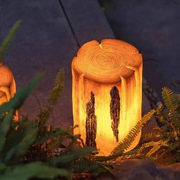 Modern Art Deco Solar Waterproof Resin Fiberglass Cylinder Tree Stump Wood Grain LED Landscape Lighting Outdoor Light For Garden - Image 5