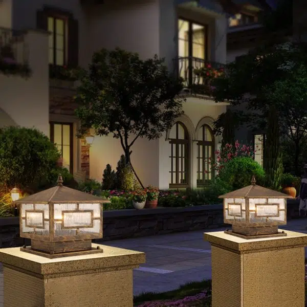 Traditional Chinese Waterproof Iron Glass Column Square 1-Light Landscape Lighting Outdoor Light For Garden - Image 3