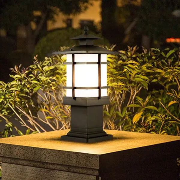 Traditional Chinese Waterproof Iron Glass Column Square 1-Light Landscape Lighting Outdoor Light For Garden