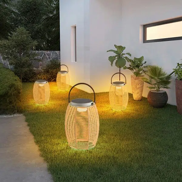 Traditional Farmhouse Solar Rechargeable Waterproof Weaving Imitation Rattan Iron Handheld Lantern Column LED Outdoor Light Landscape Lighting For Garden - Image 2