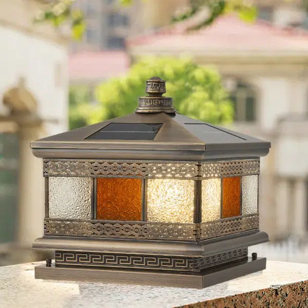 Contemporary Retro Solar Waterproof Copper Glass Square Palace Printed 1-Light LED Outdoor Pillar Light Landscape Lighting For Garden - Image 7