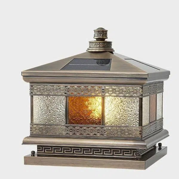 Contemporary Retro Solar Waterproof Copper Glass Square Palace Printed 1-Light LED Outdoor Pillar Light Landscape Lighting For Garden - Image 18