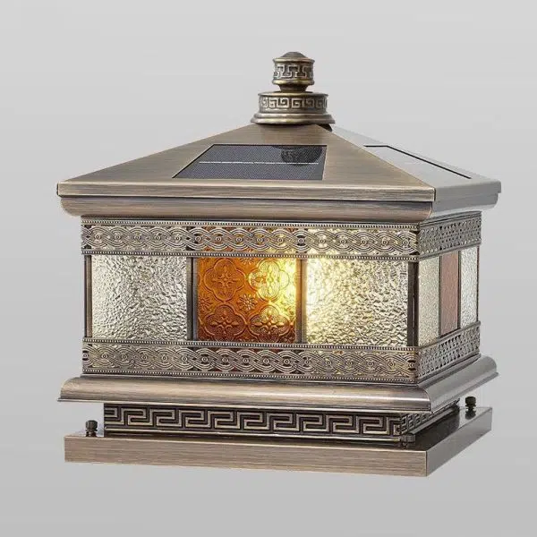 Contemporary Retro Solar Waterproof Copper Glass Square Palace Printed 1-Light LED Outdoor Pillar Light Landscape Lighting For Garden - Image 19