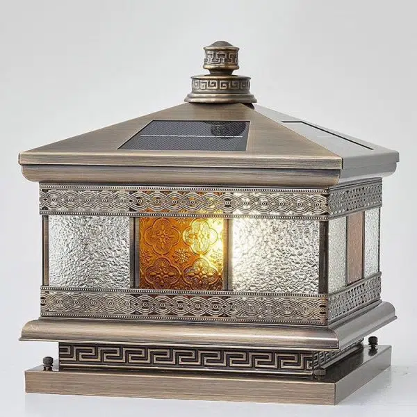 Contemporary Retro Solar Waterproof Copper Glass Square Palace Printed 1-Light LED Outdoor Pillar Light Landscape Lighting For Garden - Image 15