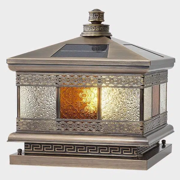Contemporary Retro Solar Waterproof Copper Glass Square Palace Printed 1-Light LED Outdoor Pillar Light Landscape Lighting For Garden - Image 13