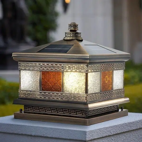 Contemporary Retro Solar Waterproof Copper Glass Square Palace Printed 1-Light LED Outdoor Pillar Light Landscape Lighting For Garden - Image 4