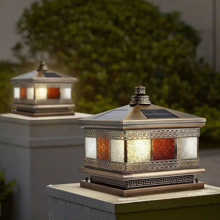 BS-Lighting-LX02817-22.jpg Contemporary Retro Solar Waterproof Copper Glass Square Palace Printed 1-Light LED Outdoor Pillar Light Landscape Lighting For Garden - Image 1