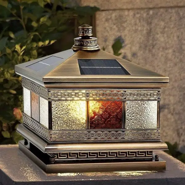 Contemporary Retro Solar Waterproof Copper Glass Square Palace Printed 1-Light LED Outdoor Pillar Light Landscape Lighting For Garden - Image 3