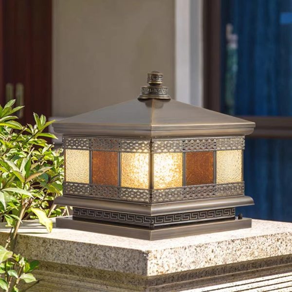 Contemporary Retro Solar Waterproof Copper Glass Square Palace Printed 1-Light LED Outdoor Pillar Light Landscape Lighting For Garden - Image 6