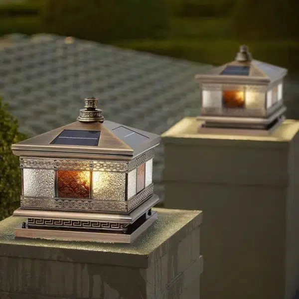 Contemporary Retro Solar Waterproof Copper Glass Square Palace Printed 1-Light LED Outdoor Pillar Light Landscape Lighting For Garden - Image 5